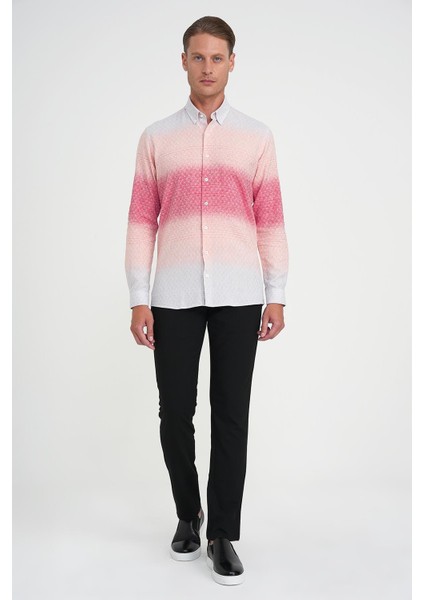 Comfort Fit Pano Desen Düğme Yaka %100 Keten Mercan Gömlek G 1593