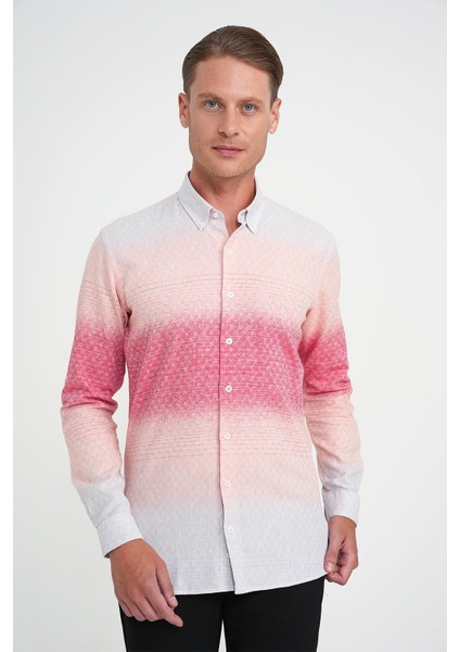 Comfort Fit Pano Desen Düğme Yaka %100 Keten Mercan Gömlek G 1593 fiyatları