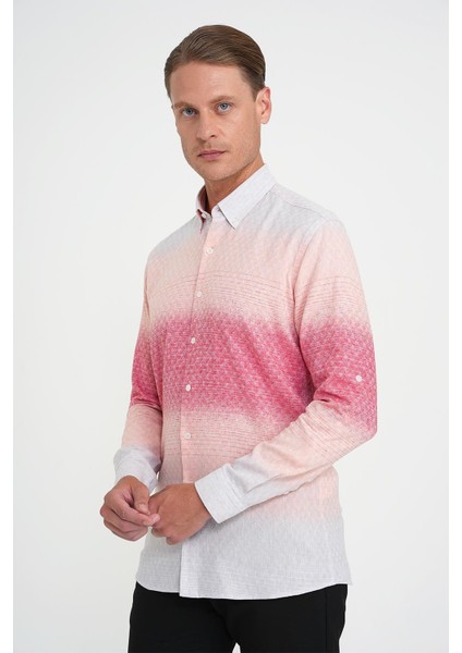 Comfort Fit Pano Desen Düğme Yaka %100 Keten Mercan Gömlek G 1593 modelleri