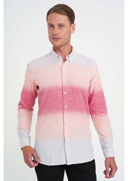 Comfort Fit Pano Desen Düğme Yaka %100 Keten Mercan Gömlek G 1593 fırsatları