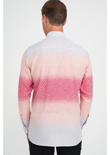 Comfort Fit Pano Desen Düğme Yaka %100 Keten Mercan Gömlek G 1593 indirimleri