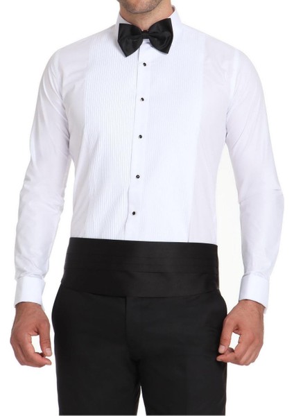 Slim Fit Duble Manşet Klasik Yaka Önü Piliseli Beyaz Damatlık Smokin Gömlek Gk 512