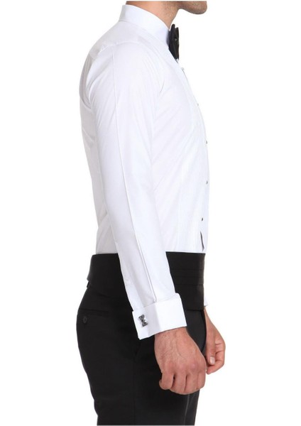 Slim Fit Duble Manşet Klasik Yaka Önü Piliseli Beyaz Damatlık Smokin Gömlek Gk 512 fiyatları