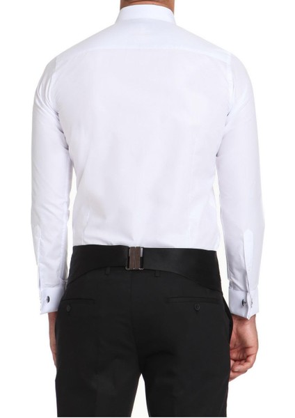 Slim Fit Duble Manşet Klasik Yaka Önü Piliseli Beyaz Damatlık Smokin Gömlek Gk 512 modelleri