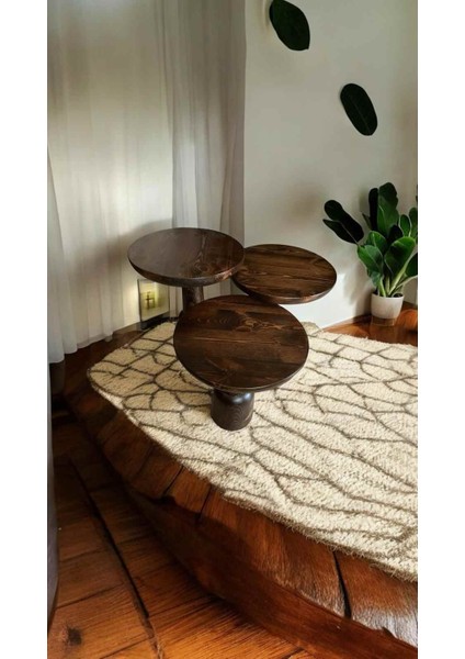 Ahşap Ceviz Mantar Sehpa Seti 3’lü – Masif Doğal Zigon ve Fiskos Sehpa modelleri