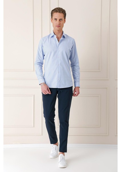 Slim Fit Dikine Çizgili %100 Pamuk Klasik Mavi Beyaz Gömlek Gk 721 fiyatları