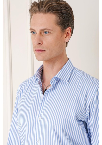 Slim Fit Dikine Çizgili %100 Pamuk Klasik Mavi Beyaz Gömlek Gk 721 fırsatları