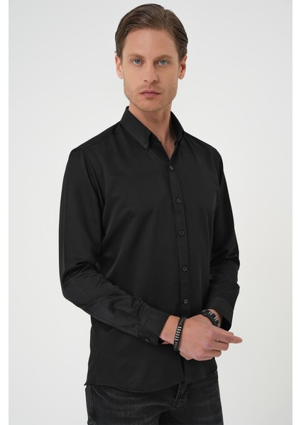 Slim Fit Düğmeli Yaka Pamuklu Klasik Siyah Gömlek Gk 736 fiyatları