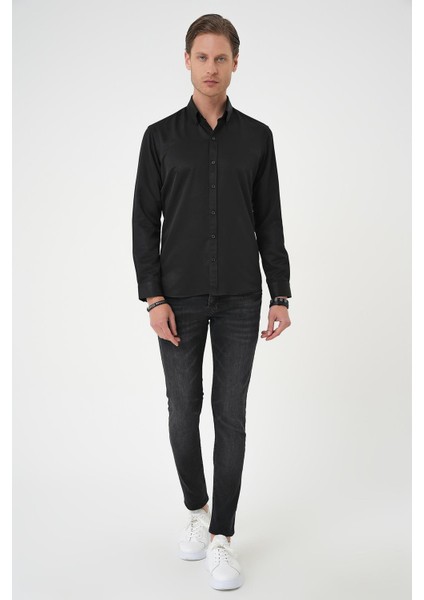 Slim Fit Düğmeli Yaka Pamuklu Klasik Siyah Gömlek Gk 736 modelleri