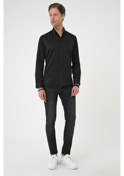 Slim Fit Düğmeli Yaka Pamuklu Klasik Siyah Gömlek Gk 736 fırsatları