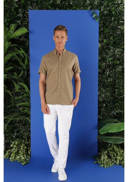 G 1556 Slim Fit Haki Klasik Gömlek