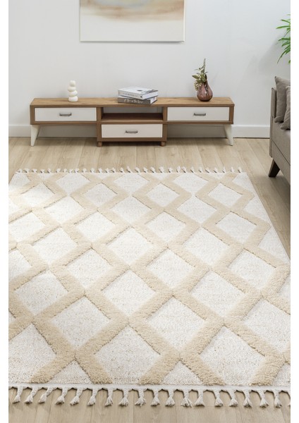 Mılan Krem Bej Yumuşak Bukleli ve Havlı Iskandinav Makine Dokuma Halı Oturma Odası Salon Mutfak Antre