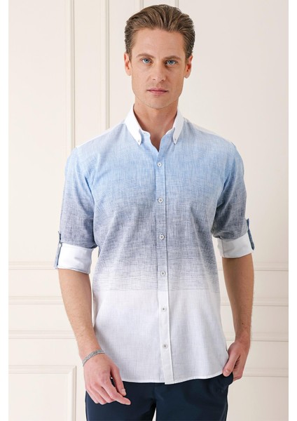 Comfort Fit Degrade Desen Apoletli %100 Keten Mavi Gömlek G 1572 fiyatları
