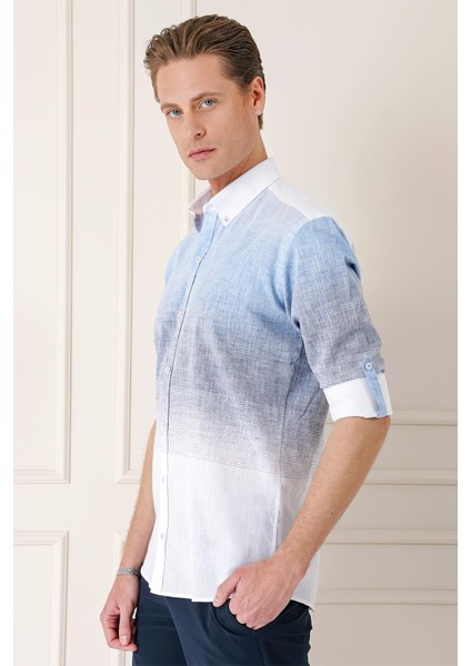 Comfort Fit Degrade Desen Apoletli %100 Keten Mavi Gömlek G 1572 modelleri