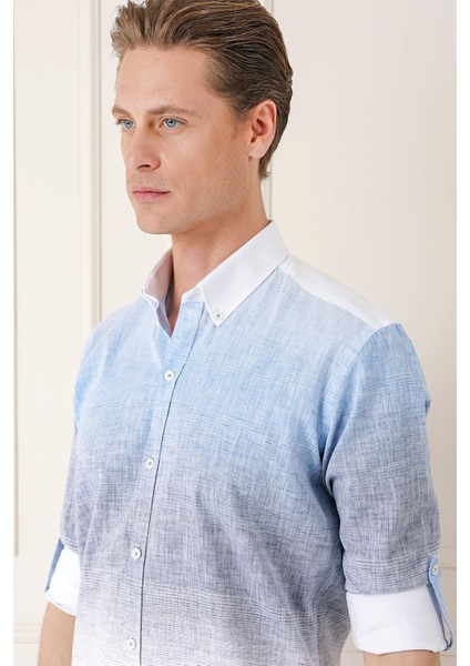 Comfort Fit Degrade Desen Apoletli %100 Keten Mavi Gömlek G 1572 fırsatları