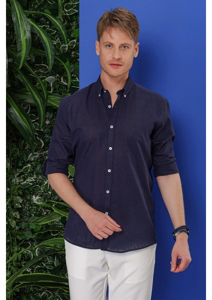G 1554 Slim Fit Lacivert Klasik Gömlek