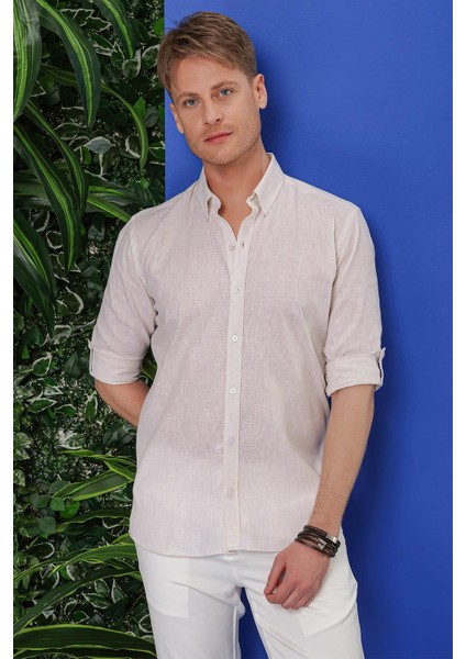 G 1554 Slim Fit Bej Klasik Gömlek