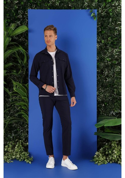 G 1553 Slim Fit Lacivert Klasik Gömlek