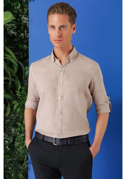 Comfort Fit Düğmeli Yaka %100 Keten Apoletli Casuel Bej Gömlek G 1564