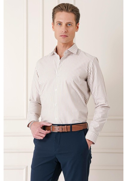 Slim Fit Dikine Çizgili %100 Pamuk Klasik Bej Beyaz Gömlek Gk 721