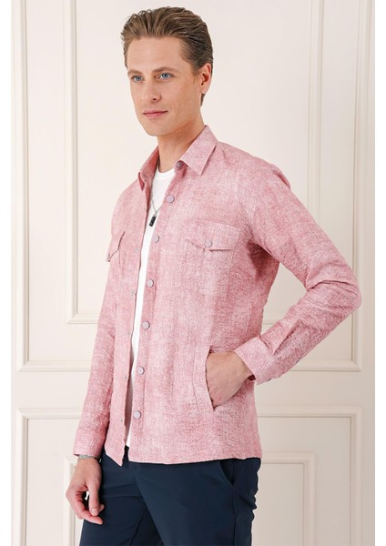 Comfort Fit Yan Cep Batik Desenli %100 Pamuk Çıtçıtlı Pudra Gömlek Ceket G 1568 modelleri