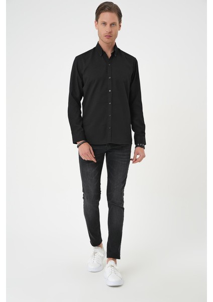 Slim Fit Dokulu Düğmeli Yaka Pamuklu Klasik Siyah Gömlek Gk 739