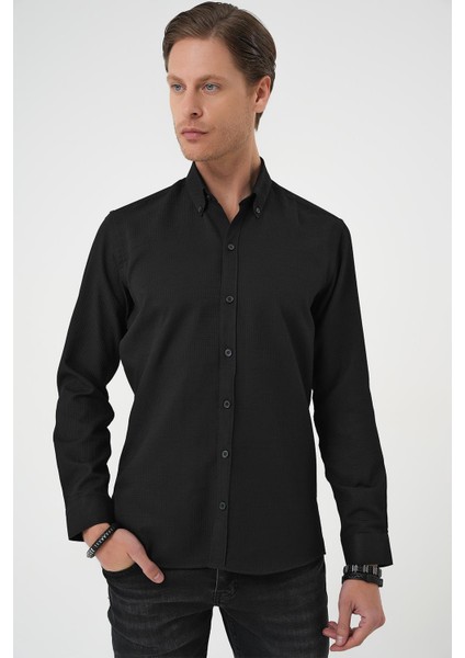 Slim Fit Dokulu Düğmeli Yaka Pamuklu Klasik Siyah Gömlek Gk 739 modelleri