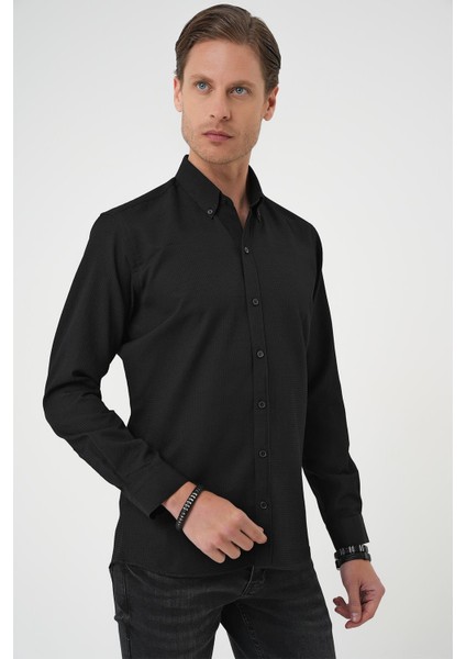 Slim Fit Dokulu Düğmeli Yaka Pamuklu Klasik Siyah Gömlek Gk 739 fırsatları