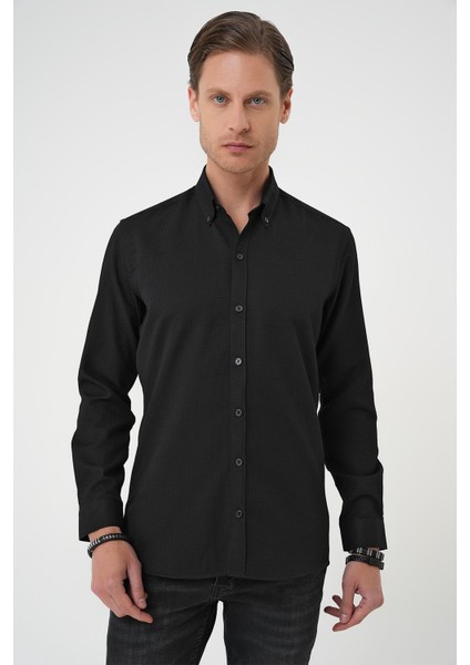 Slim Fit Dokulu Düğmeli Yaka Pamuklu Klasik Siyah Gömlek Gk 739 indirimleri