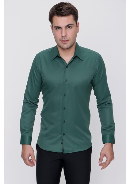 Slim Fit Pamuk Saten Klasik Yeşil Gömlek Gk 624