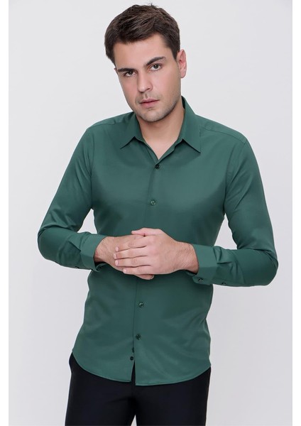 Slim Fit Pamuk Saten Klasik Yeşil Gömlek Gk 624 fiyatları