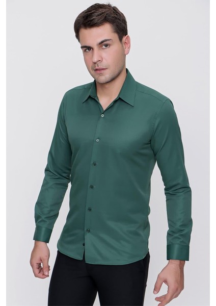 Slim Fit Pamuk Saten Klasik Yeşil Gömlek Gk 624 modelleri