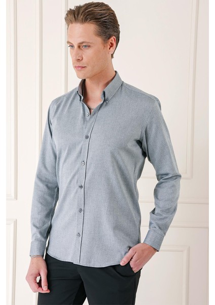 Slim Fit Düğmeli Yaka Dokulu %100 Pamuk Klasik Gri Gömlek Gk 724