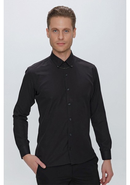 Gk 664 Slim Fit Siyah Klasik Gömlek