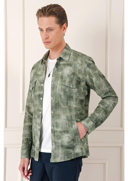 Comfort Fit Yan Cep Batik Desenli %100 Pamuk Çıtçıtlı Haki Gömlek Ceket G 1568 modelleri