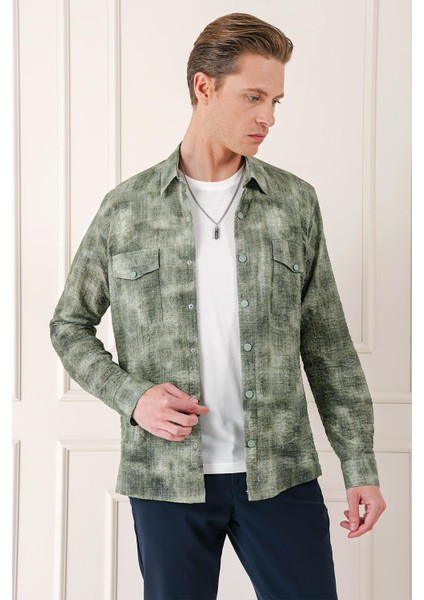 Comfort Fit Yan Cep Batik Desenli %100 Pamuk Çıtçıtlı Haki Gömlek Ceket G 1568 fırsatları