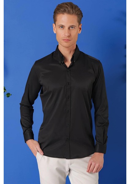 Slim Fit Düğmeli Yaka Uzun Kol Pamuklu Klasik Siyah Gömlek Gk 716