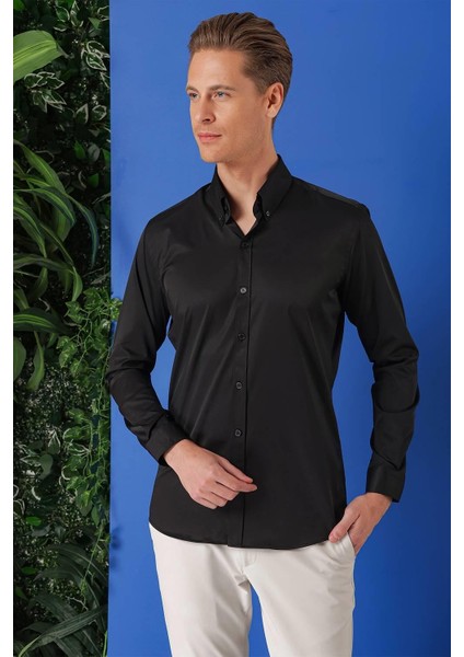 Slim Fit Düğmeli Yaka Uzun Kol Pamuklu Klasik Siyah Gömlek Gk 716 fiyatları