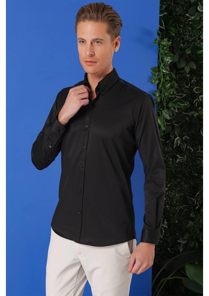 Slim Fit Düğmeli Yaka Uzun Kol Pamuklu Klasik Siyah Gömlek Gk 716 modelleri