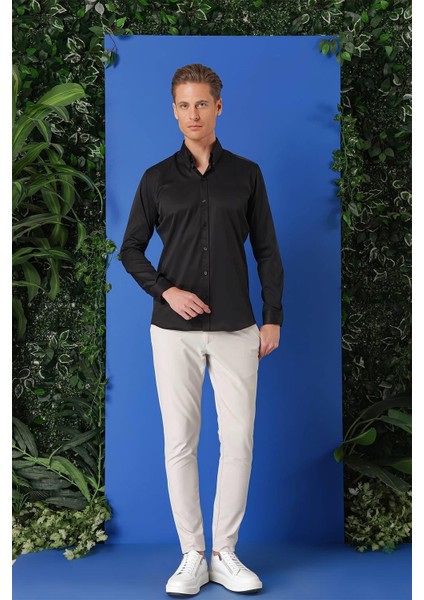 Slim Fit Düğmeli Yaka Uzun Kol Pamuklu Klasik Siyah Gömlek Gk 716 fırsatları