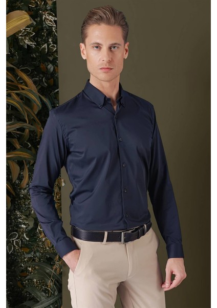 Slim Fit Düğmeli Yaka Esnek Pamuk Klasik Lacivert Gömlek Gk 708