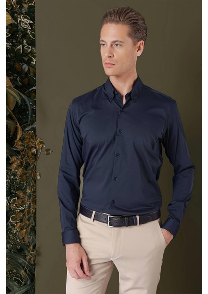 Slim Fit Düğmeli Yaka Esnek Pamuk Klasik Lacivert Gömlek Gk 708 fiyatları