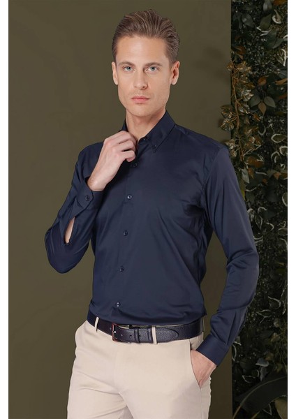 Slim Fit Düğmeli Yaka Esnek Pamuk Klasik Lacivert Gömlek Gk 708 modelleri