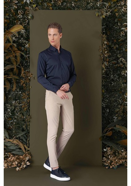 Slim Fit Düğmeli Yaka Esnek Pamuk Klasik Lacivert Gömlek Gk 708 indirimleri