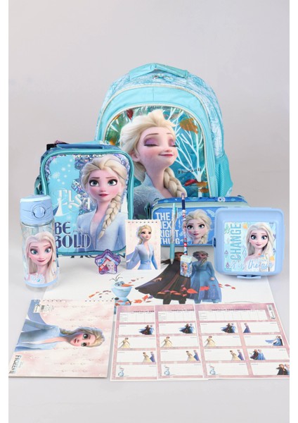 Dekomus Lisanslı Elsa Frozen "okul Çantası,kalem ve Beslenme Çantası,beslenme Kabı ve 500 ml Trıtan Matara Okul Seti