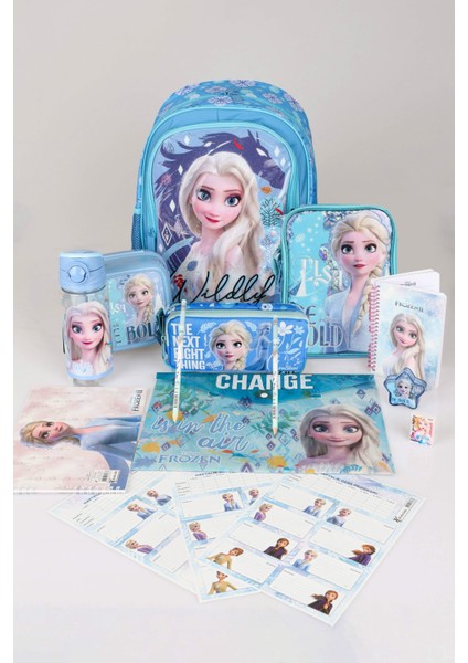 Dekomus Lisanslı "mavi Karlar Ülkesi Elsa Frozen Koleksiyonu "okul ,beslenme ve Kalem Çantası,matara,beslenme Kabı Ile Full Okul/kırtasiye Seti