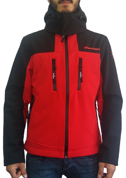Softshell Kapşonlu Mont Kırmızı-Lacivert