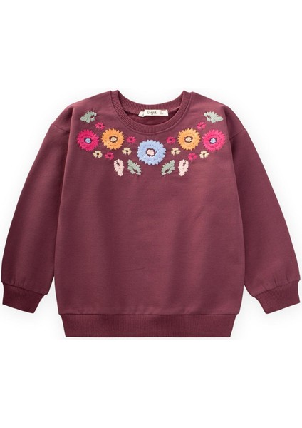 Çiçek Nakışlı Sweatshirt 2-7 Yaş Mürdüm