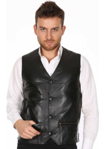 Hakiki Deri Siyah Portes Düğmeli Erkek Deri Yelek