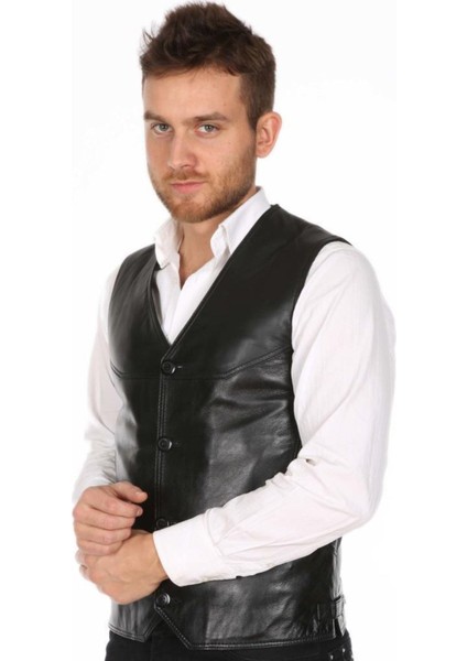 Hakiki Deri Siyah Portes Düğmeli Erkek Deri Yelek fiyatları